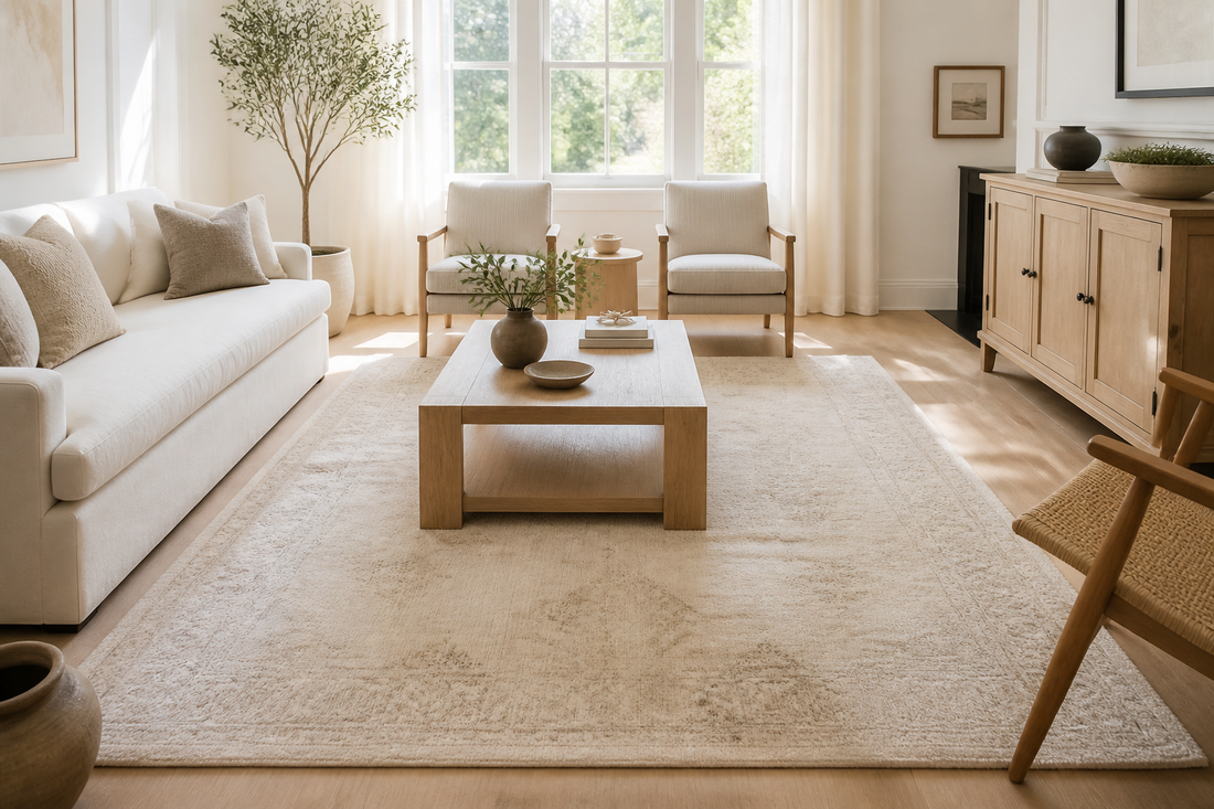 Neutral ivory handmade rug in a sunlit American living room — Rug Ritual