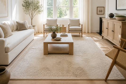 Neutral ivory handmade rug in a sunlit American living room — Rug Ritual