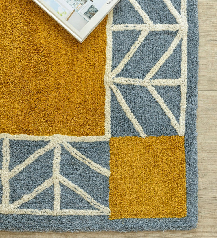 Mustard Geo Border Hand Tufted rug - side view