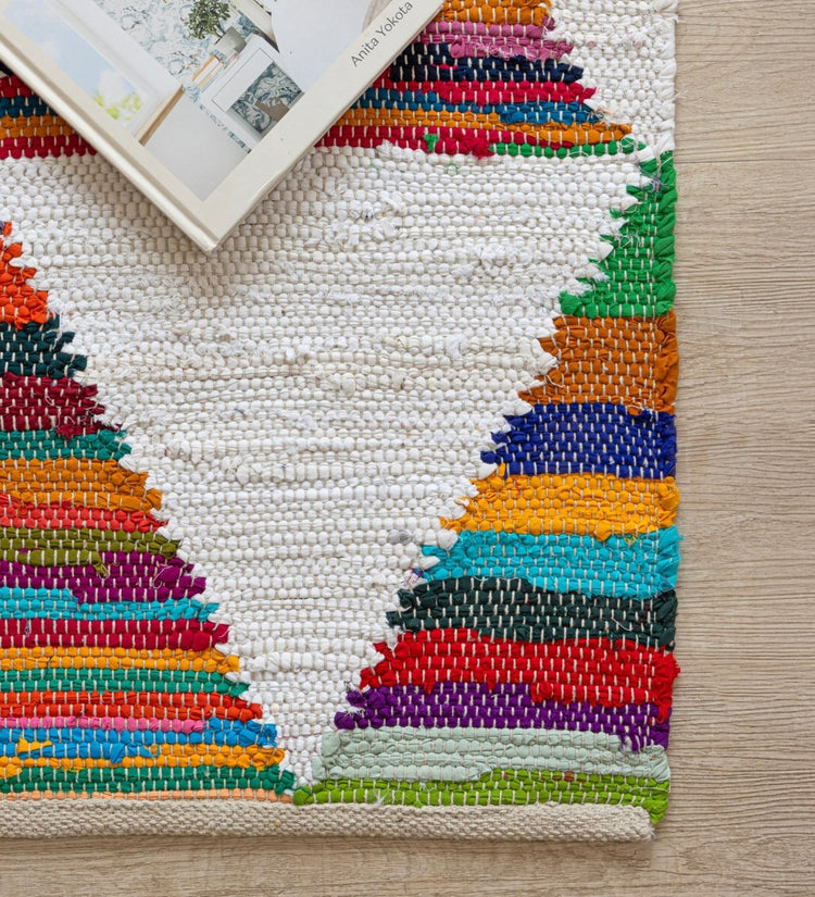 Rainbow Triangle Hand Woven Recycled Cotton Chindi rug - side view