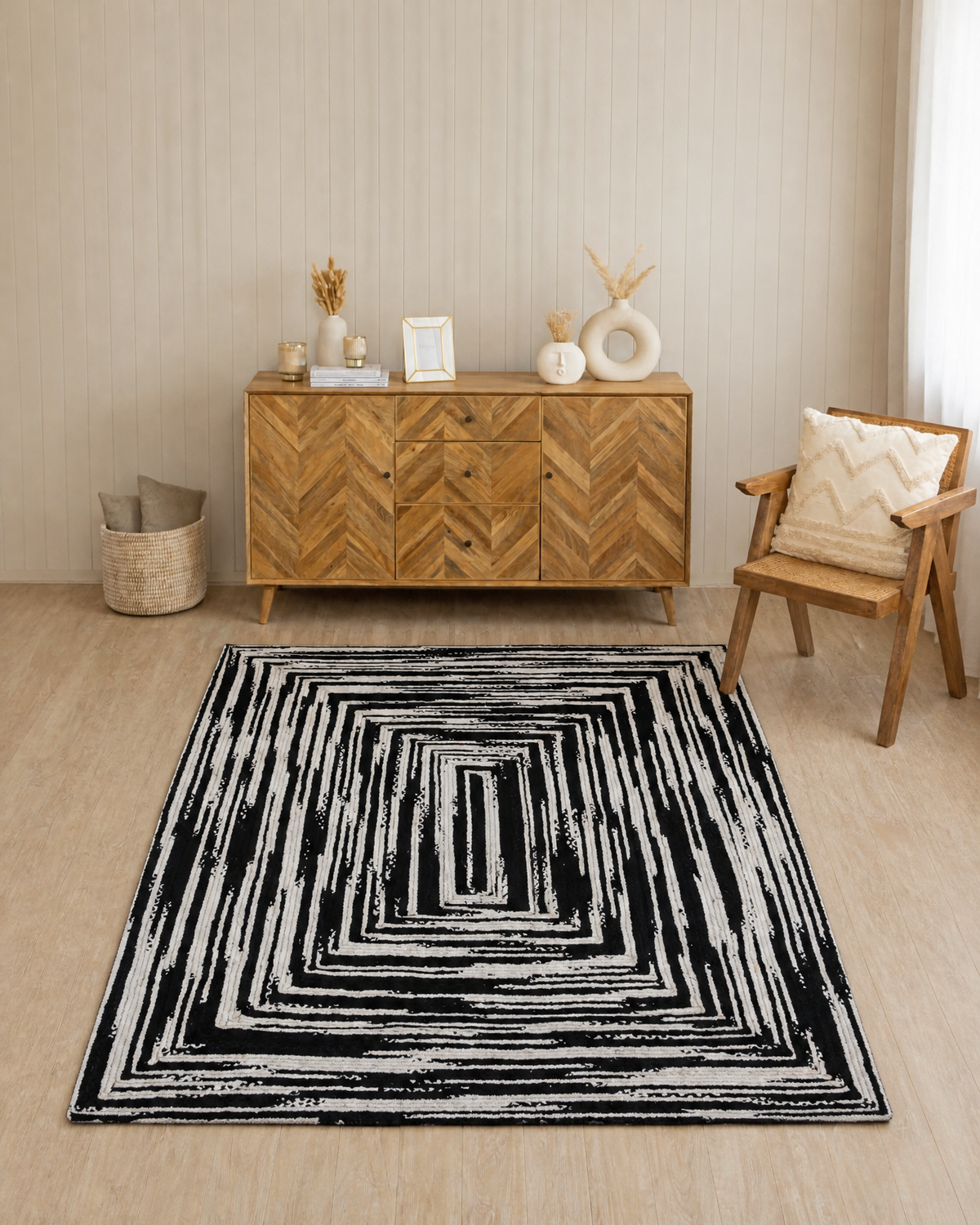 RR-COLOR|Black and White|Black and white braided chindi rug in a living room