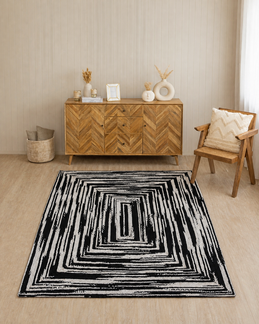 RR-COLOR|Black and White|Black and white braided chindi rug in a living room
