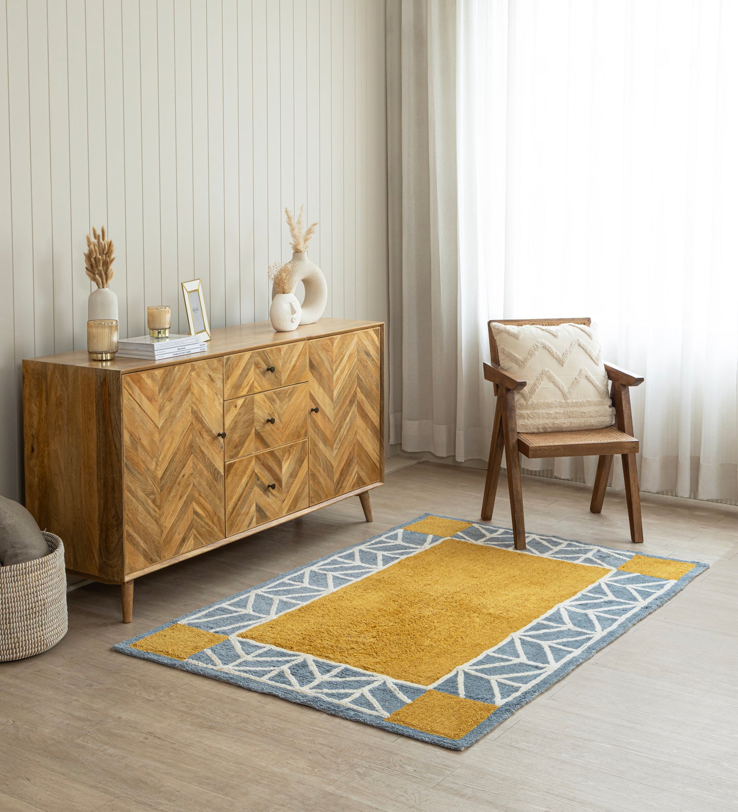 Mustard Geo Border Hand Tufted Rug