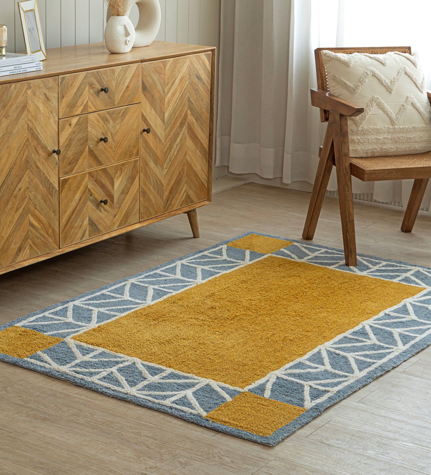 Mustard Geo Border Hand Tufted Rug