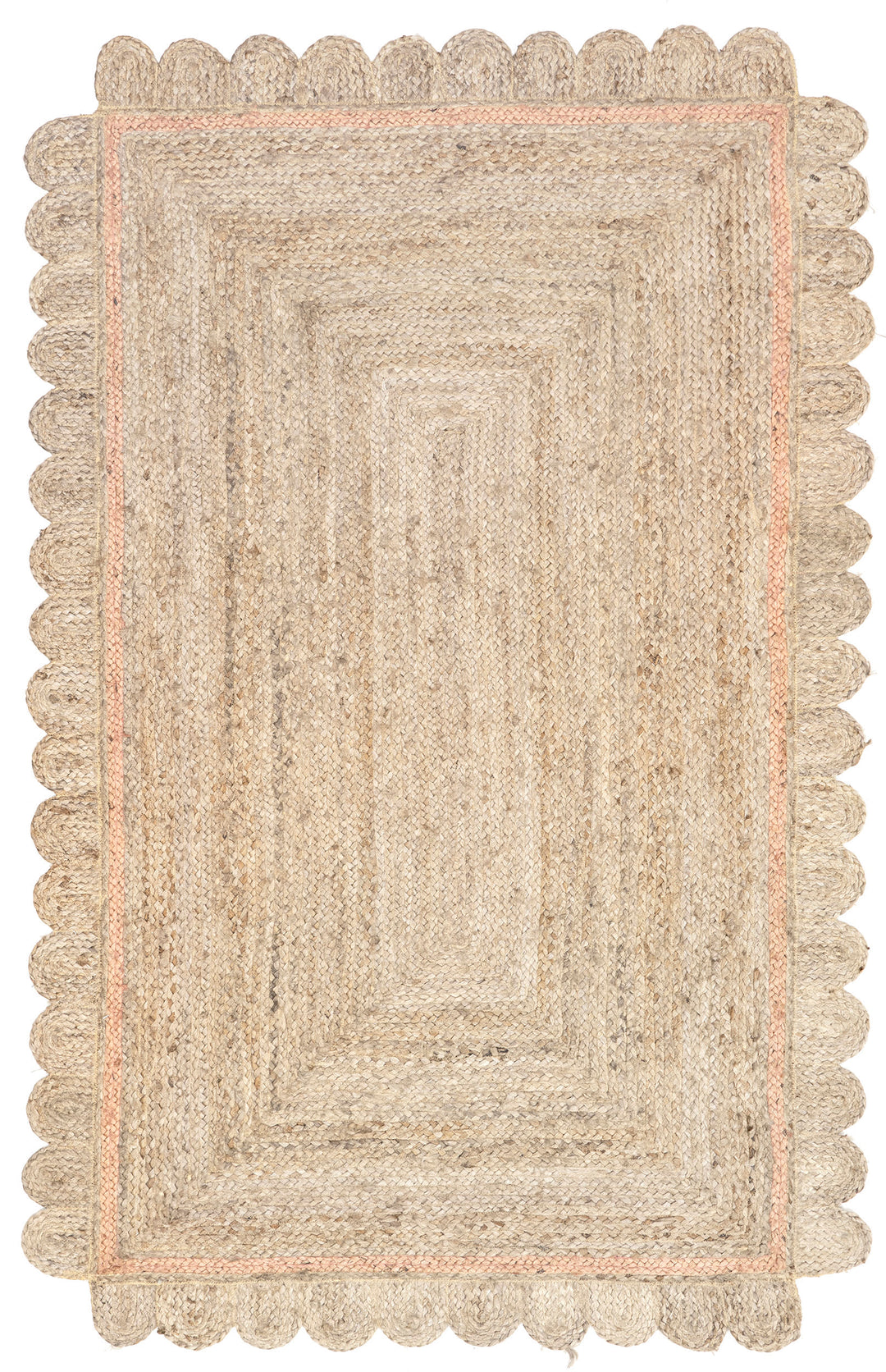 Sorella scalloped braided jute rug in natural tan with peach inner border, full overhead view