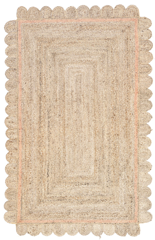 Sorella scalloped braided jute rug in natural tan with peach inner border, full overhead view