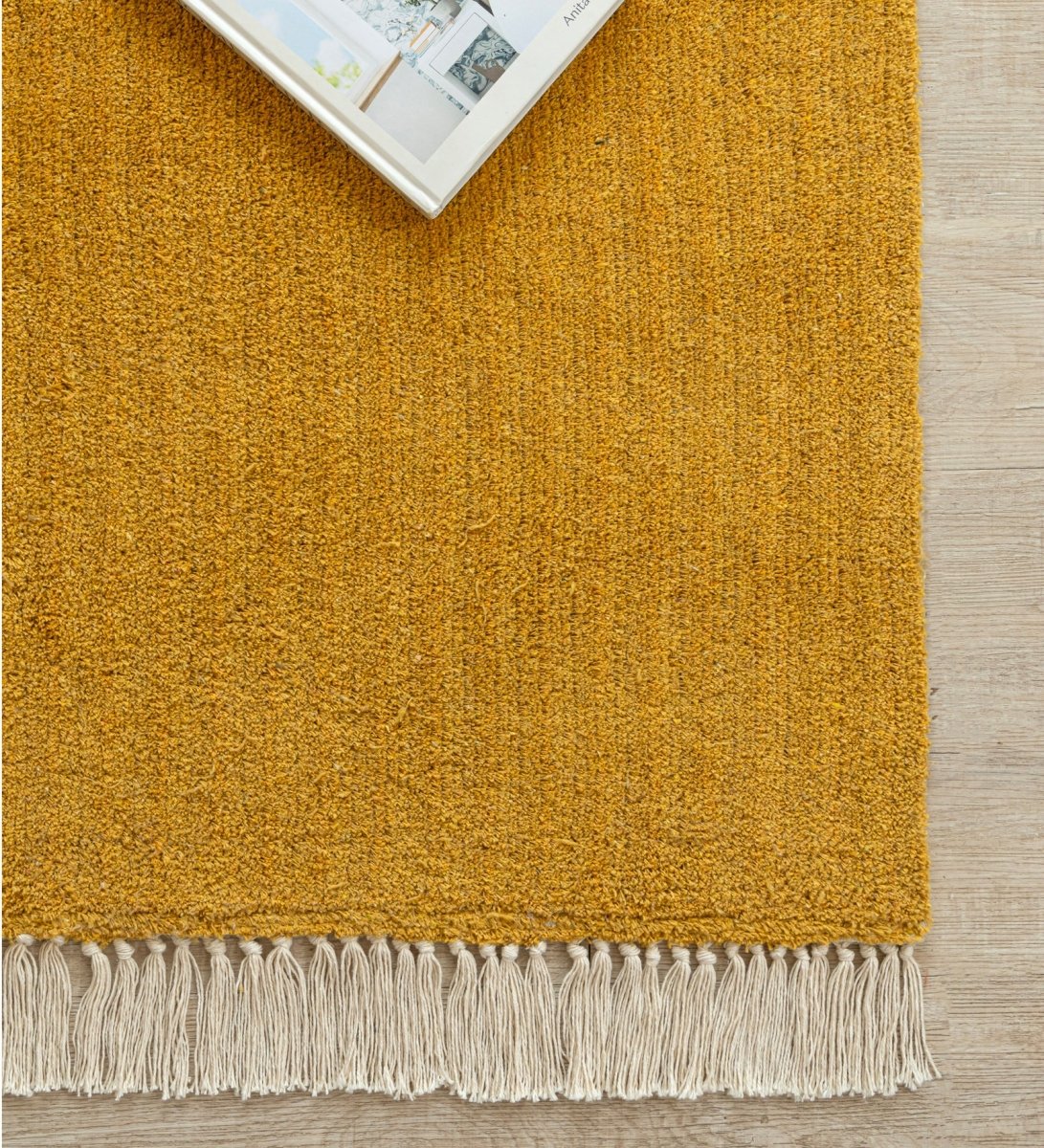 Blush & Mustard Color Block Hand Tufted rug - texture close-up