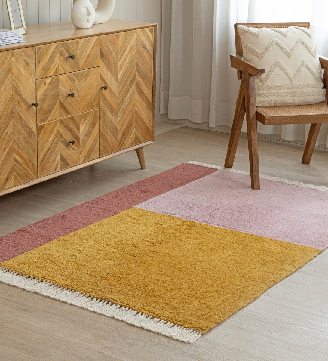 Blush & Mustard Color Block Hand Tufted rug - detail view