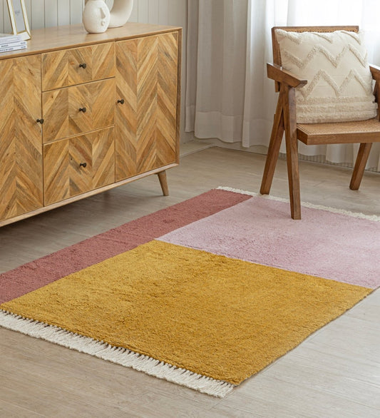 Blush & Mustard Color Block Hand Tufted rug - detail view