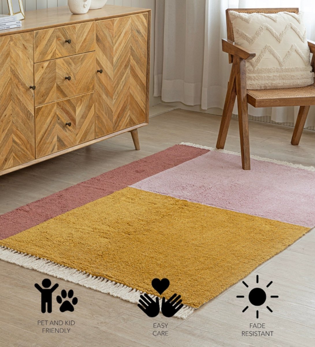 Blush & Mustard Color Block Hand Tufted rug - alternate angle