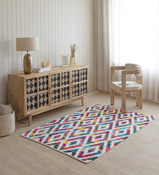 Boho Mosaic Hand Woven Recycled Cotton Chindi rug - styled room view