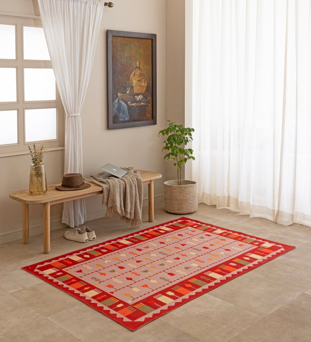 Coral Nomad Arrow rug - styled room view