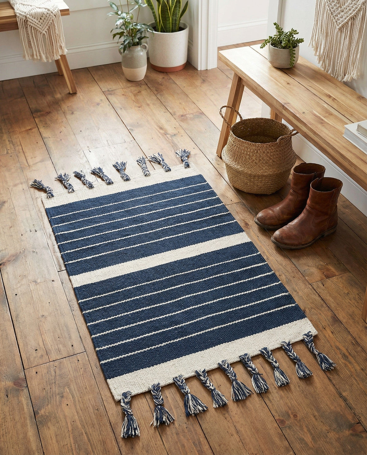 Navy and White Chindi Cotton Rug