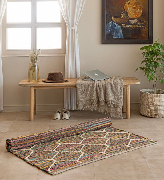 Diamond Trellis Hand Woven Recycled Cotton Chindi rug - texture close-up