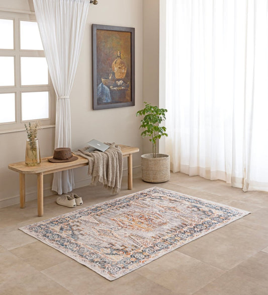 Frosted Azure Vintage Digital Printed Rug rug - styled room view
