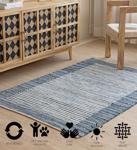 Indigo Patchwork Hand Woven Chindi hand-woven cotton area rug - main product view