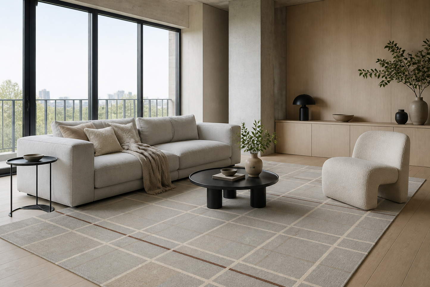 Ash Grid rug under a light gray sofa — Rug Ritual