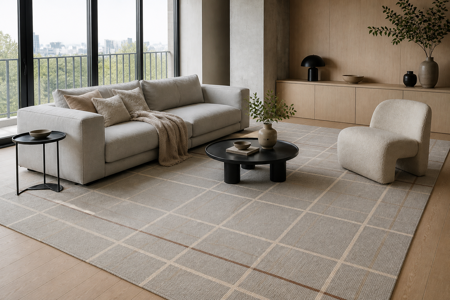 Overhead view of Ash Grid windowpane rug — Rug Ritual