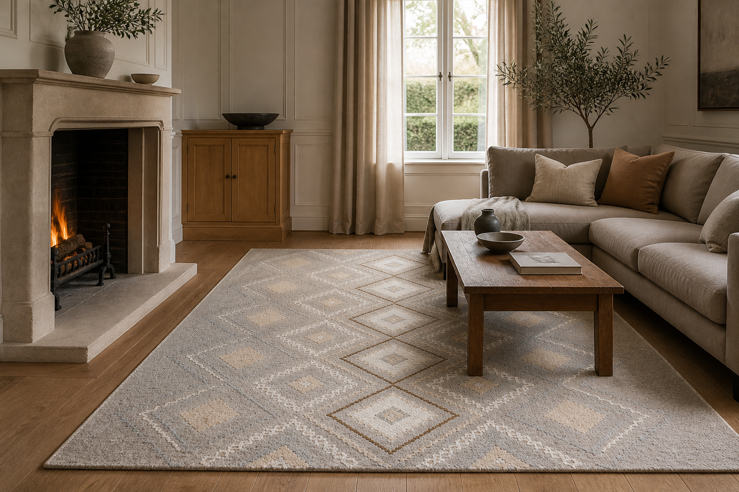 Greige Lattice rug under a greige sofa — Rug Ritual