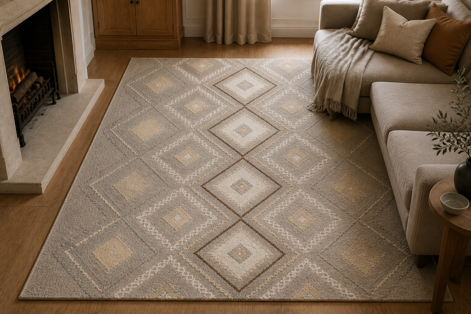Overhead view of Greige Lattice diamond rug — Rug Ritual