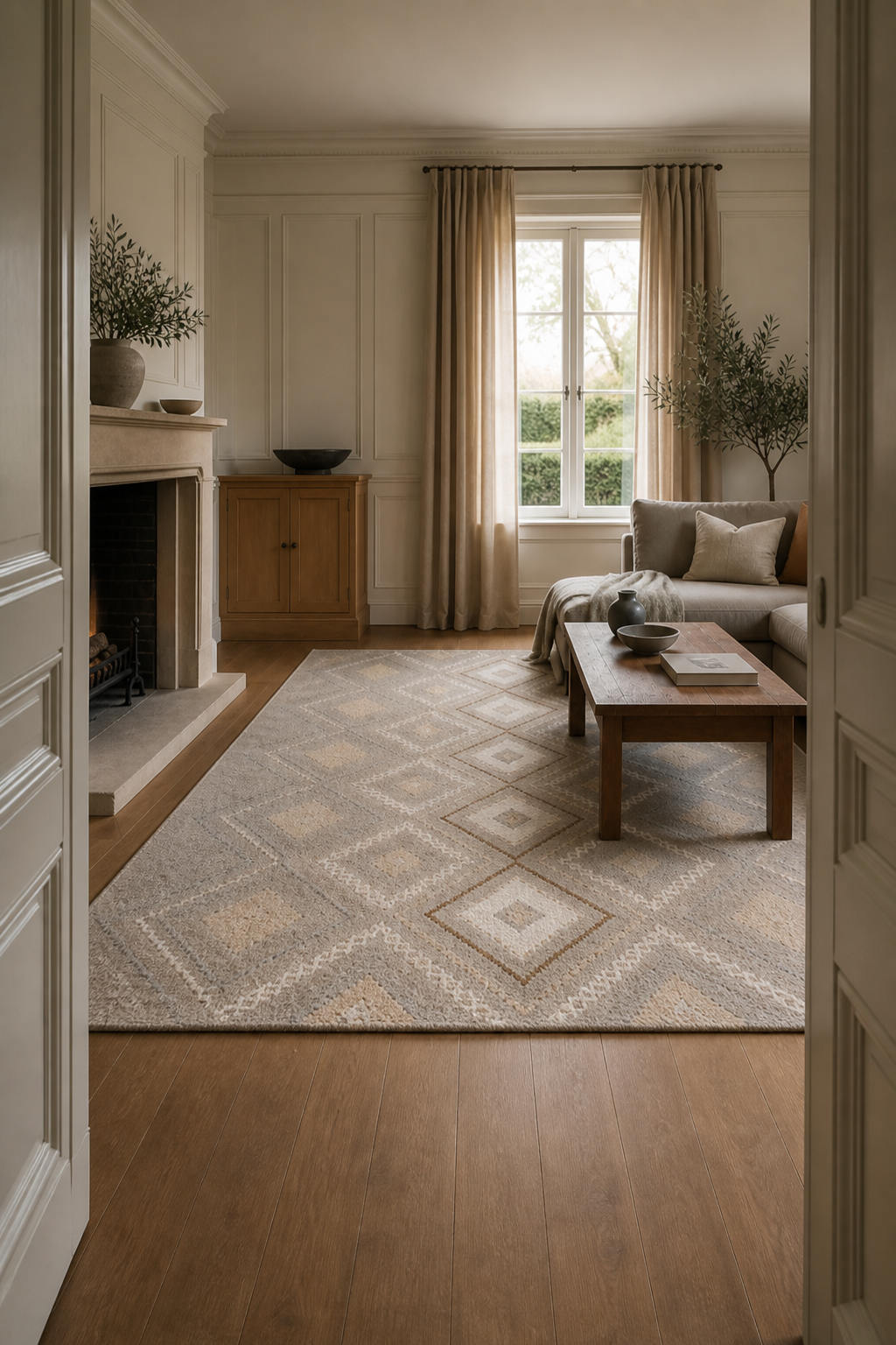 Greige Lattice rug seen from a townhouse doorway — Rug Ritual