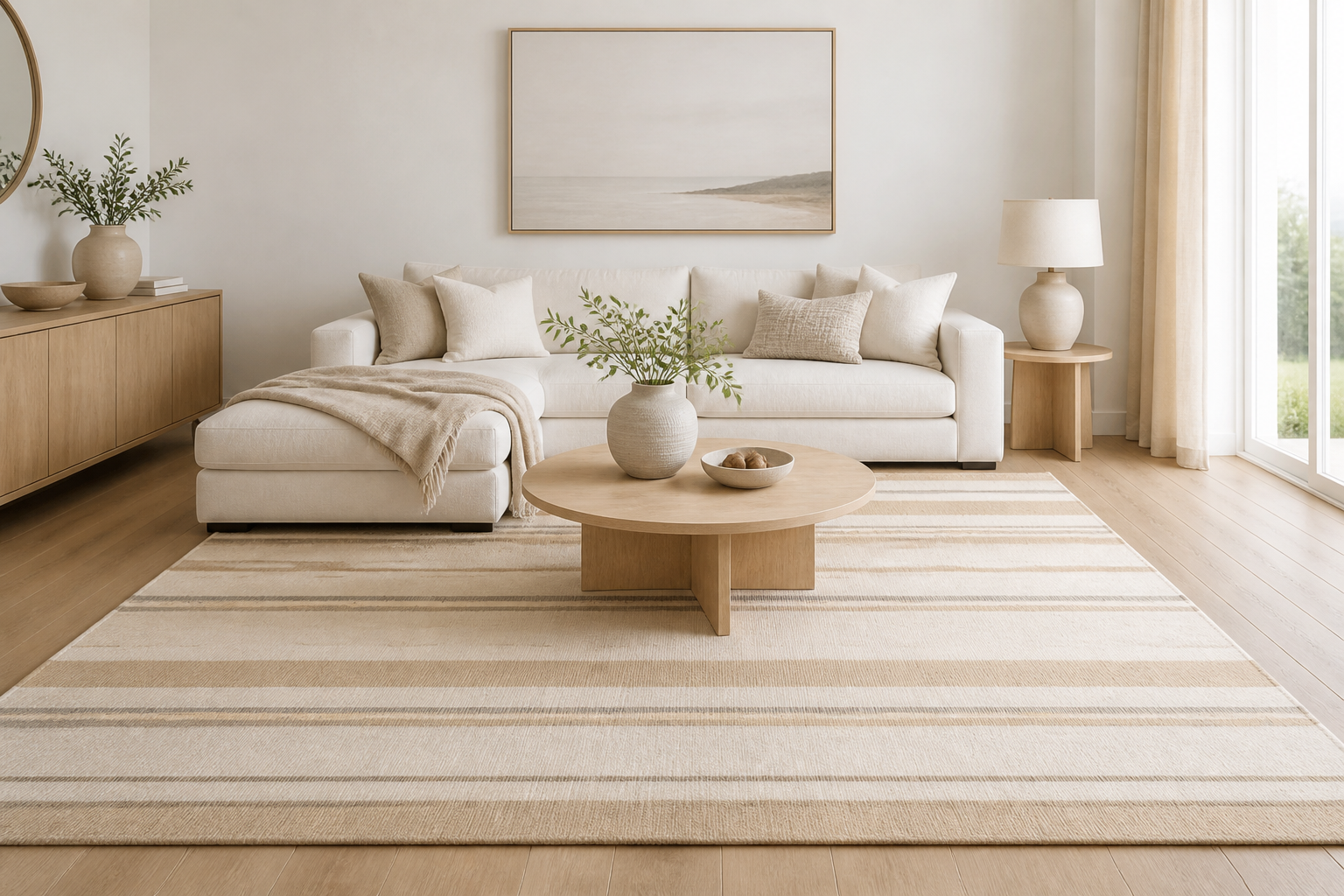 Ivory Field rug under a cream sofa — Rug Ritual