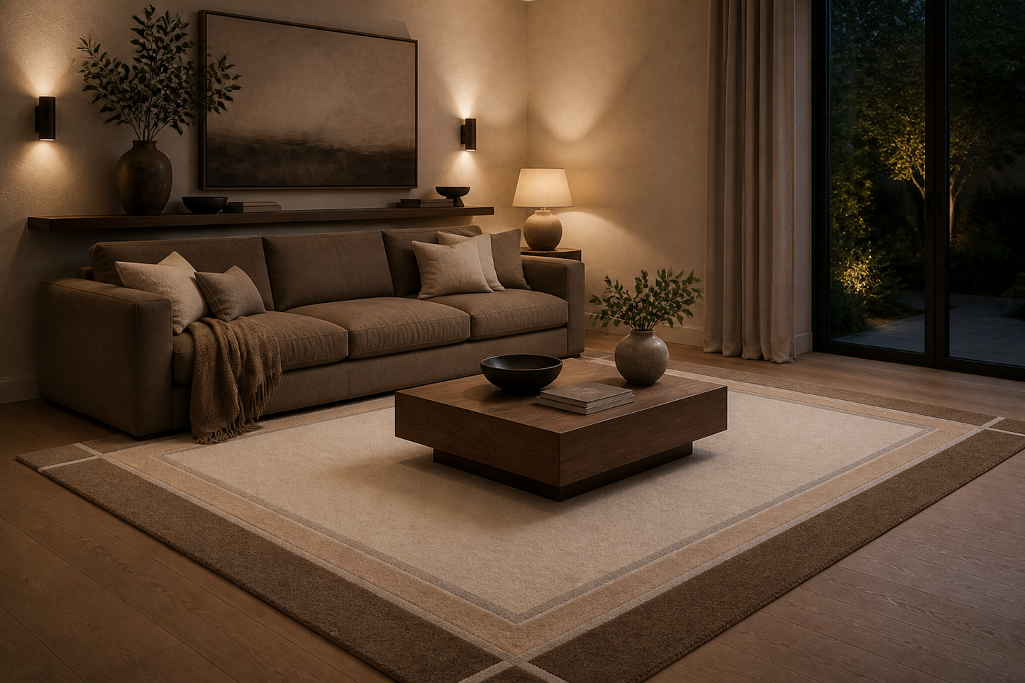 Mocha Border rug under a mocha sofa — Rug Ritual