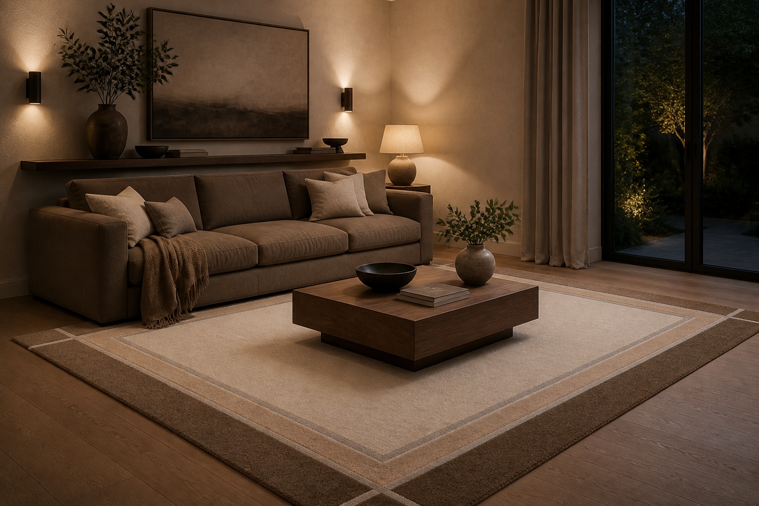 Mocha Border rug under a mocha sofa — Rug Ritual