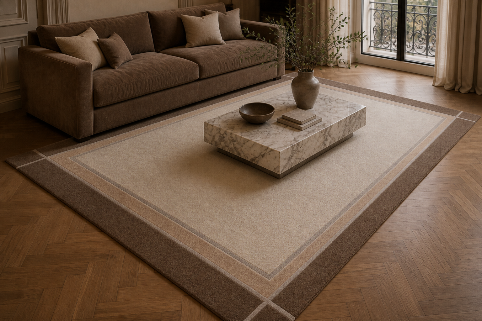 Overhead view of Mocha Border framed rug — Rug Ritual