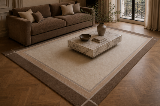 Overhead view of Mocha Border framed rug — Rug Ritual