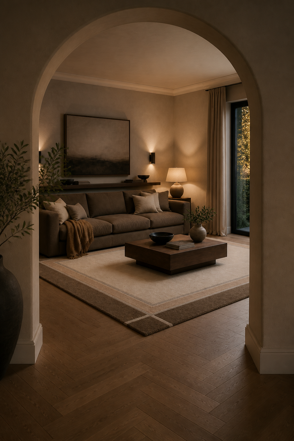 Mocha Border rug seen from a plaster archway — Rug Ritual