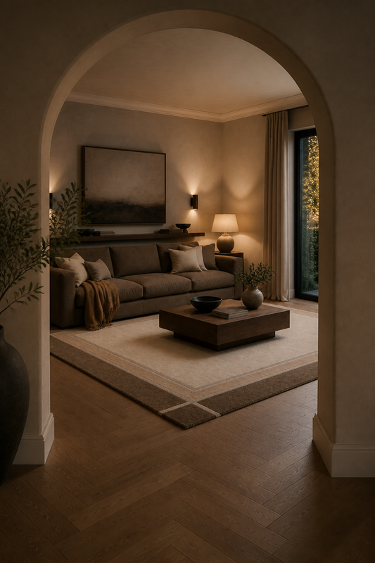 Mocha Border rug seen from a plaster archway — Rug Ritual