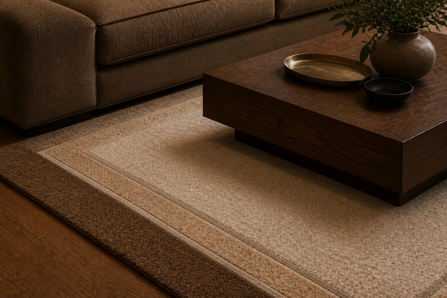 Close-up of Mocha Border field and frame — Rug Ritual