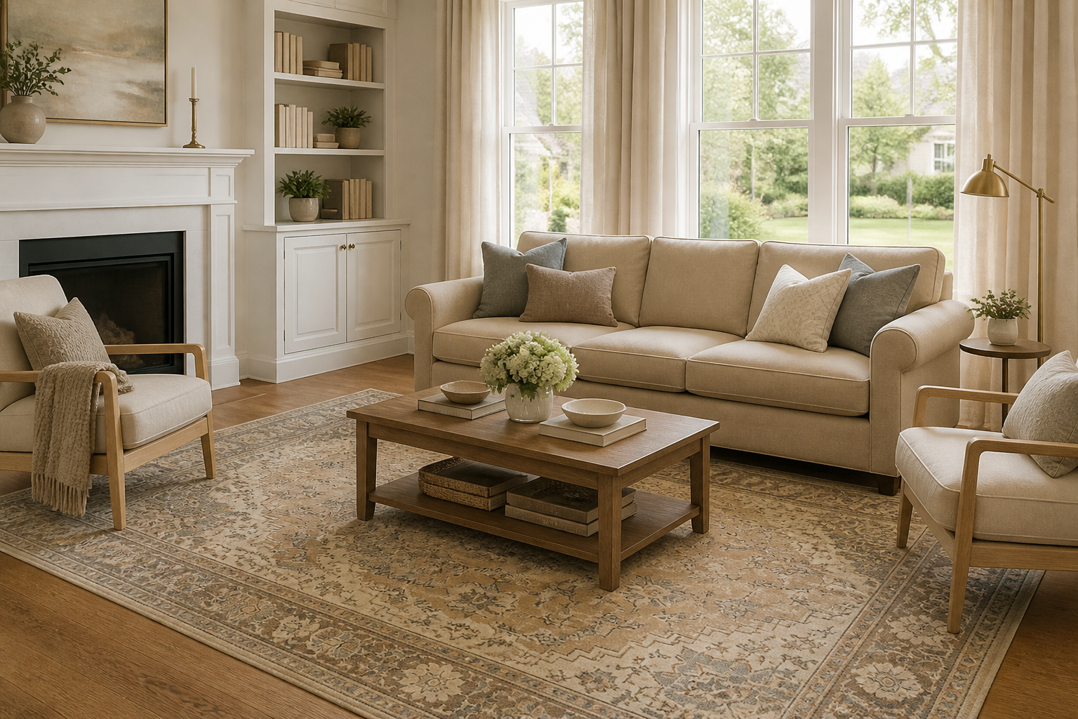 Sand Dune rug under a beige sofa in a living room — Rug Ritual