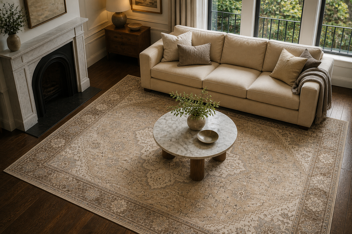 Overhead view of Sand Dune vintage medallion rug — Rug Ritual
