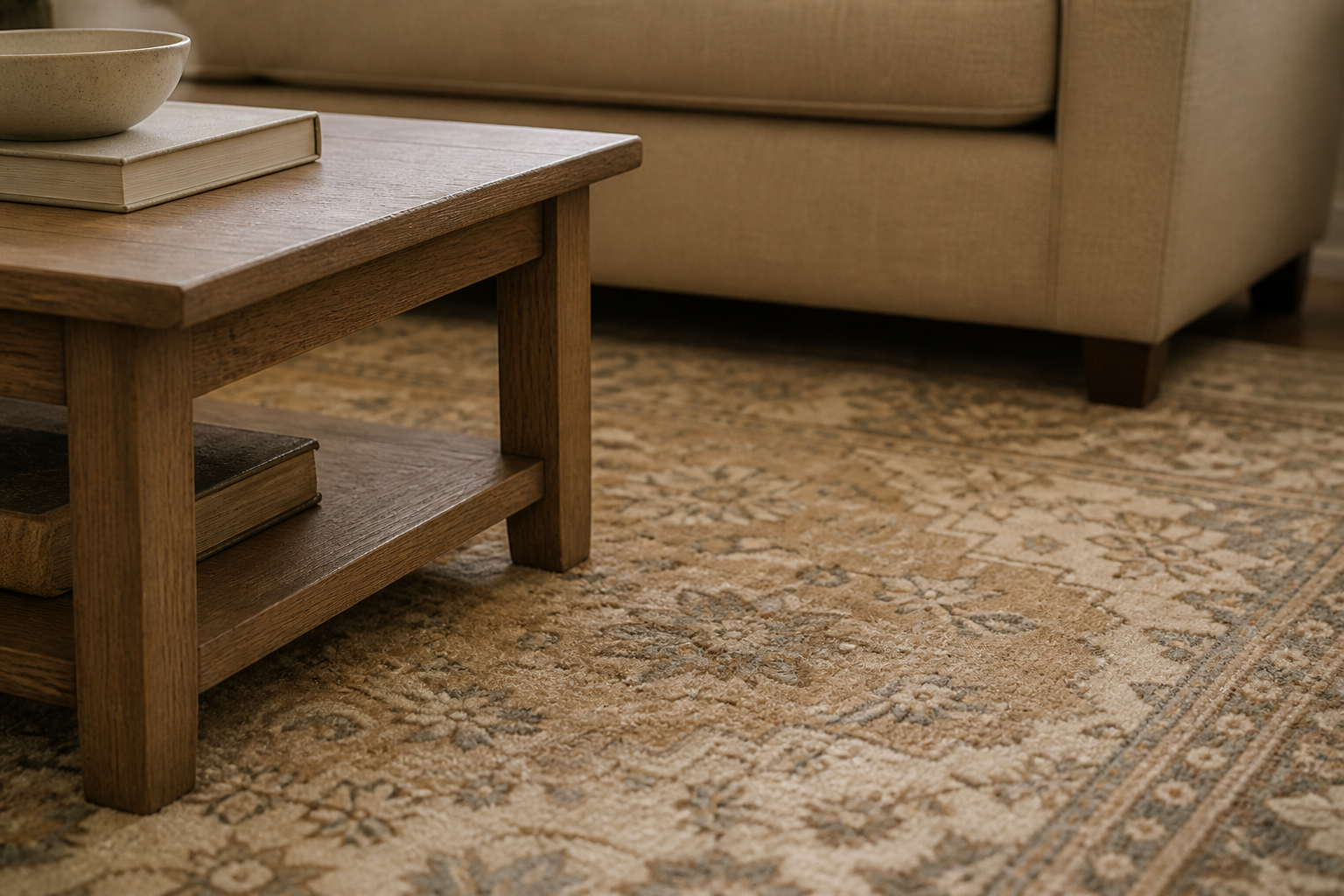 Close-up of Sand Dune rug pile and coffee table — Rug Ritual