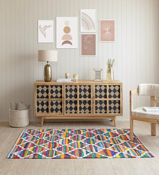 Mosaic Patchwork Hand Woven Recycled Cotton Chindi rug - side view