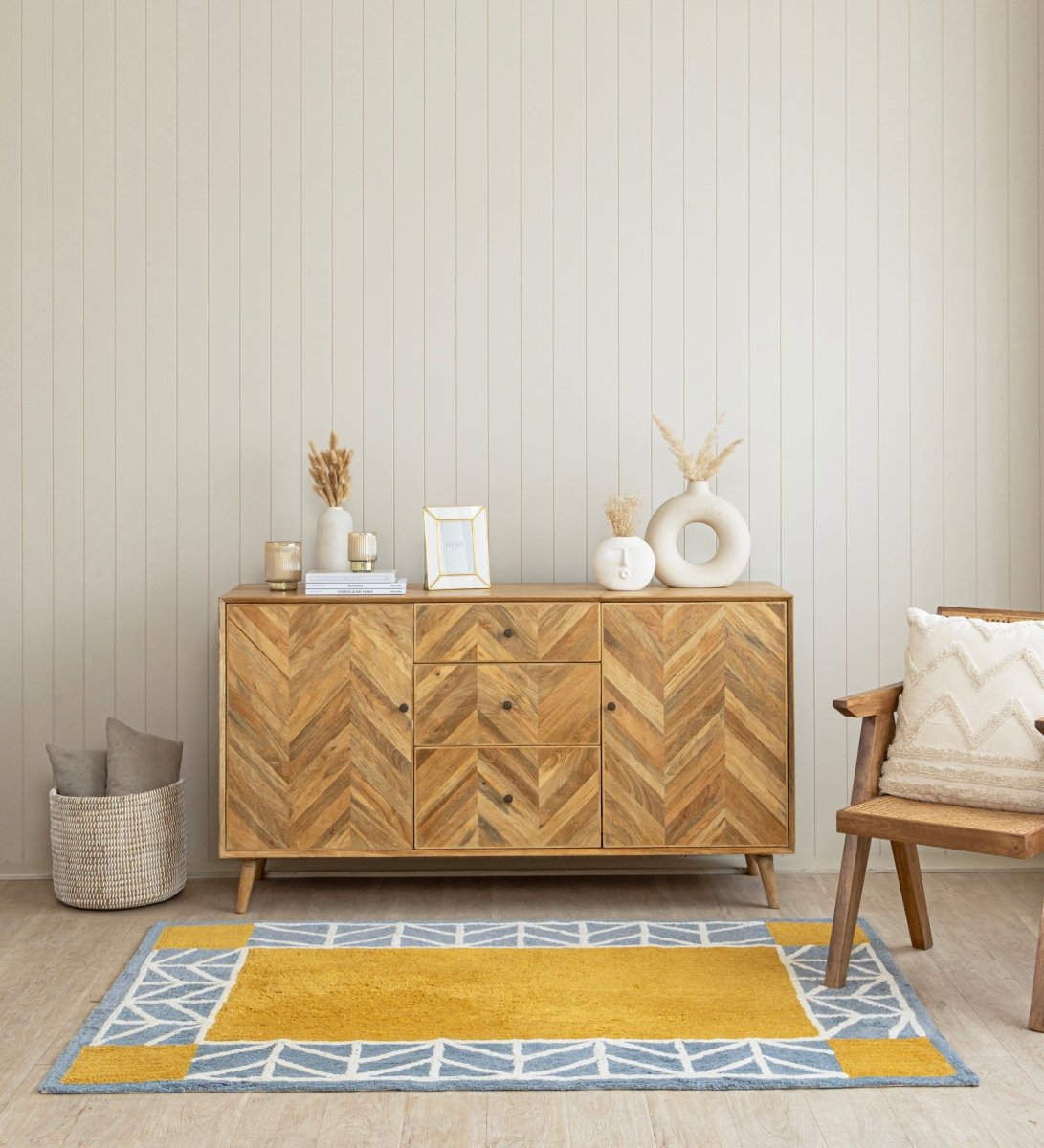 Mustard Geo Border Hand Tufted rug - styled room view