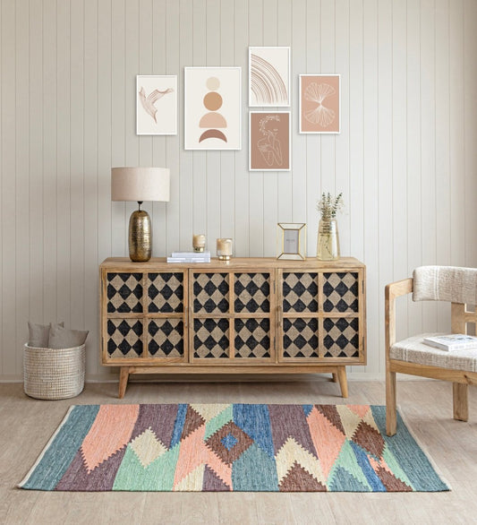Pastel Navajo Hand Woven Cotton Dhurrie rug - side view