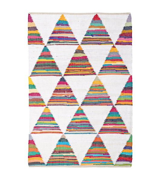 Rainbow Triangle Hand Woven Recycled Cotton Chindi rug - detail view