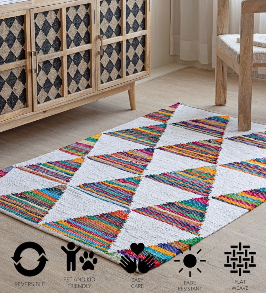 Rainbow Triangle Hand Woven Recycled Cotton Chindi Rug