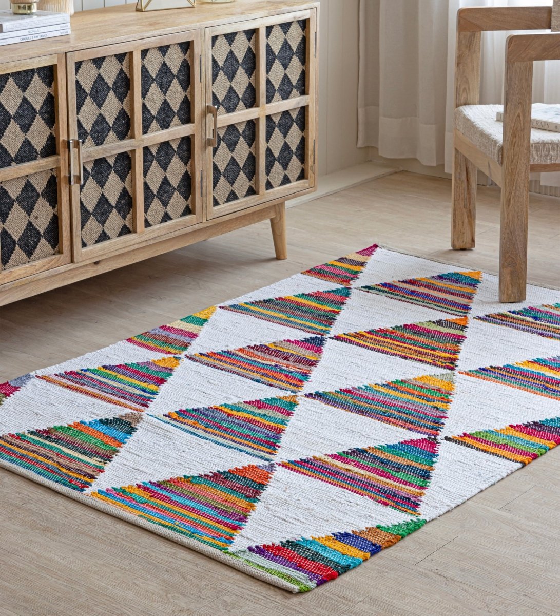 Rainbow Triangle Hand Woven Recycled Cotton Chindi Rug
