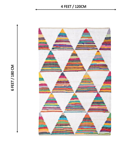 Rainbow Triangle Hand Woven Recycled Cotton Chindi rug - back view