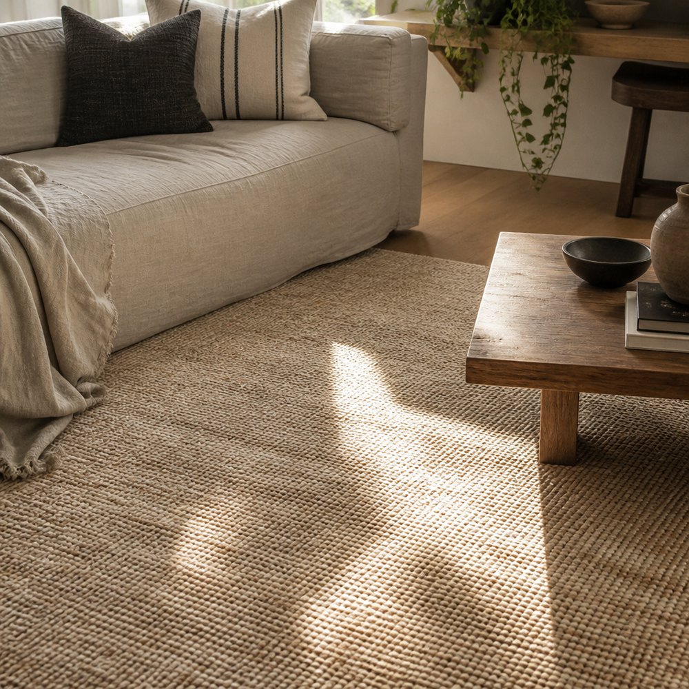 Handwoven rug in a sunlit living room