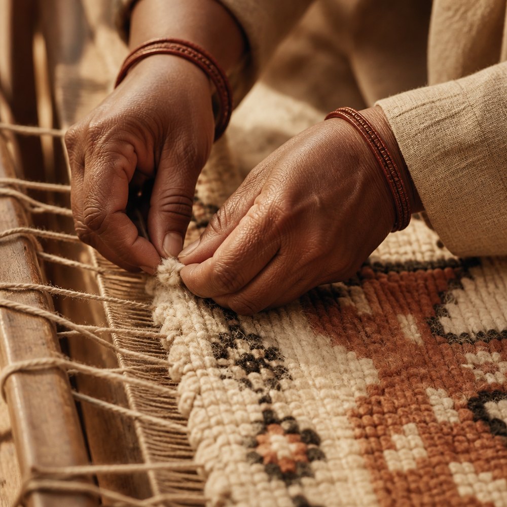 Artisan hands knotting a wool rug on a loom
