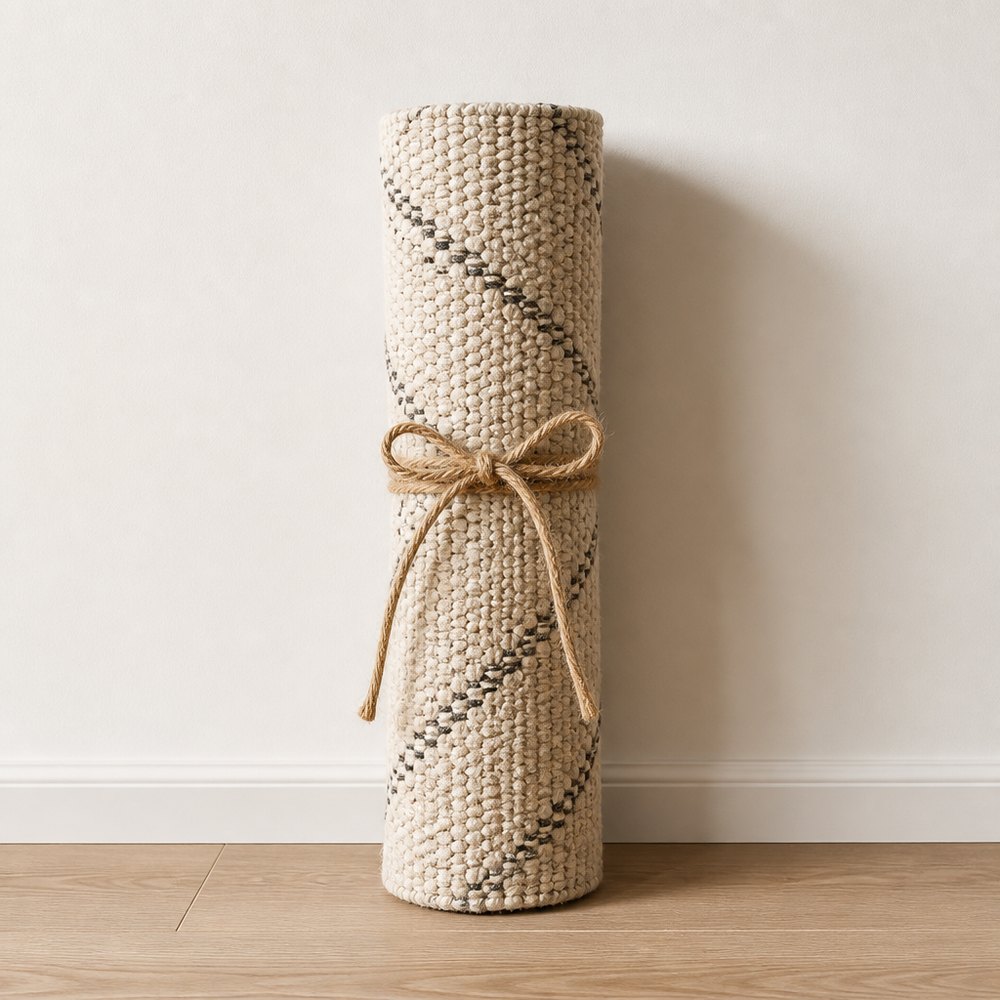 Handwoven rug rolled and tied with jute twine