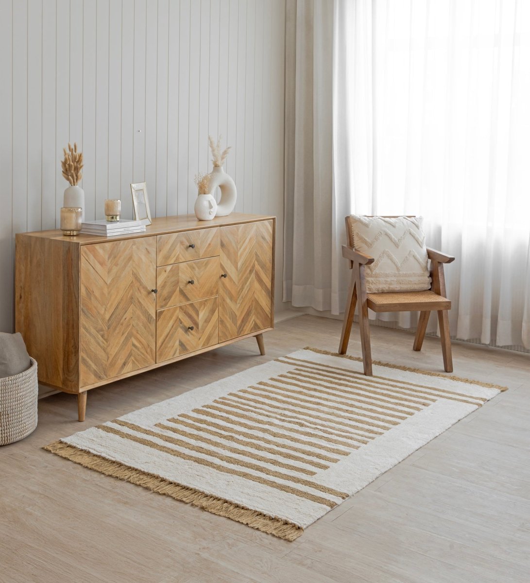Sand Stripe Hand Tufted rug - styled room view