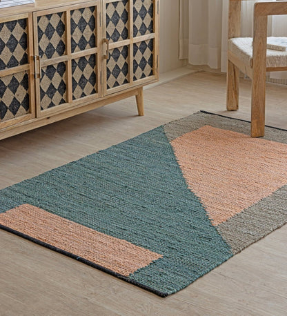 Scandi Color Block Hand Woven Cotton Dhurrie rug - styled room view