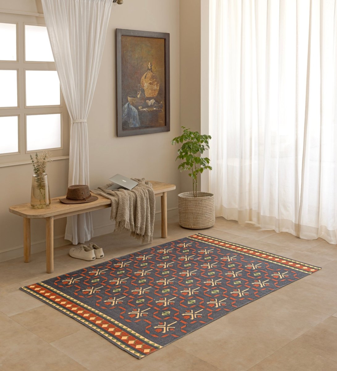 Slate Nomad Geometric rug - styled room view