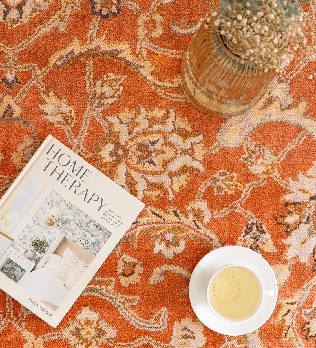 Terracotta Heritage Floral rug - styled room view